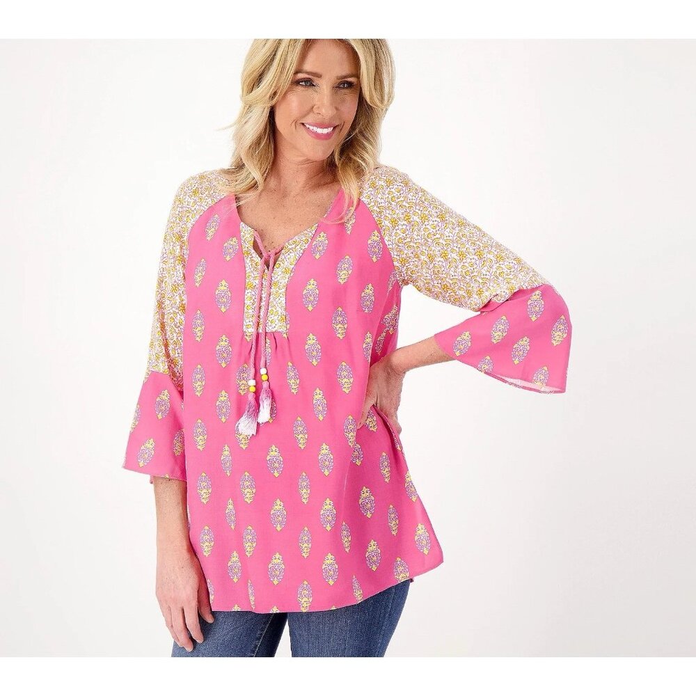 Susan Graver Pure Printed Woven Raglan Sleeve Tunic Ties XLP Pink A600406 NWOT